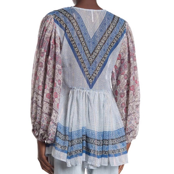Free People Peasant Tunic Long Sleeve Sheer Top Chic Boho Printed V-neck Overlay - Picture 2 of 16